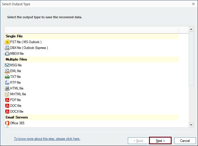 Select option to save file in desired format