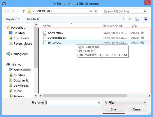 Select MBOX file and click open button