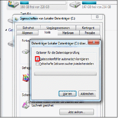 select the Automatically fix file system errors check box.
