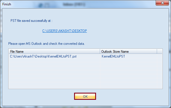 EML to PST Process completed
