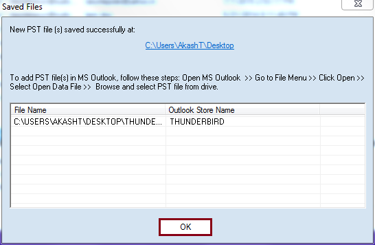 Converted PST file saved at specific location