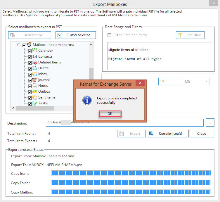 Successfully Export mailboxes 