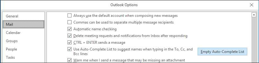 Empty Auto-Complete list in Outlook Option