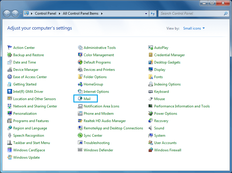 Open Control panel and click on the Mail
