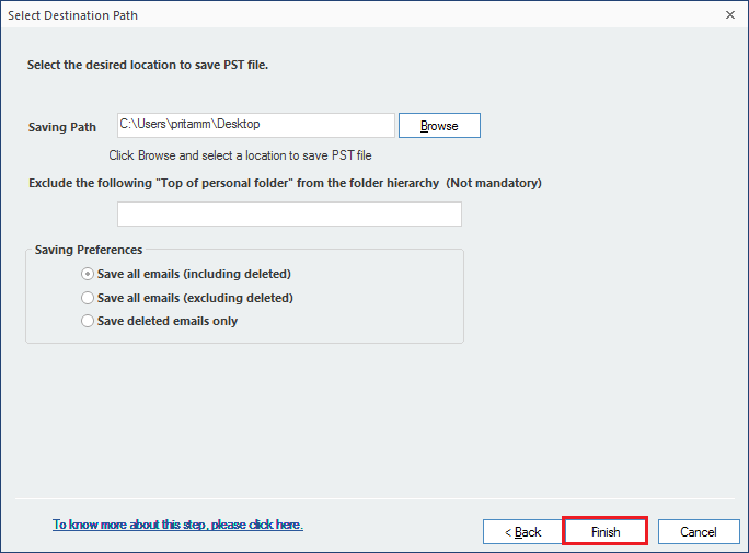 select the location to save PST file