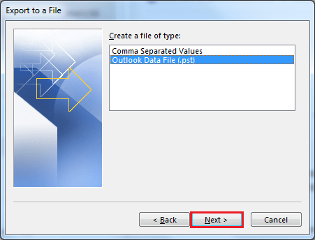select outlook PST file