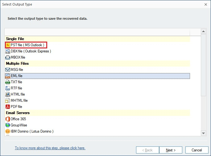 Select the output type as PST file