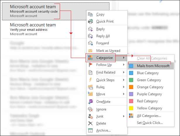 select Categorize ></img> Mails from Microsoft.” class=”alignnone size-full wp-image-3420″ width=”615″ height=”464″></ul>
</li>
<li><strong>View/Open the Category</strong>
<ul>
<li>Click on the View tab and select Categories.</li>
<p><img decoding=