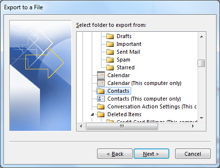 Select the Contact folder
