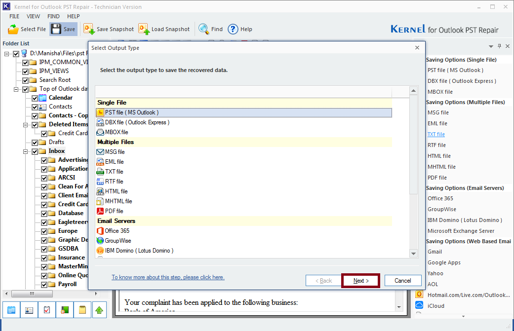 Select file format to save recovered PST file