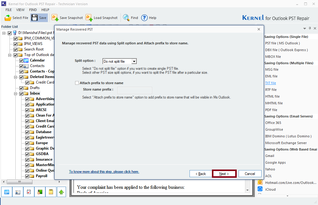 Manage recovered PST using split option