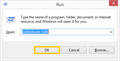 Type Outlook.exe /safe and click OK