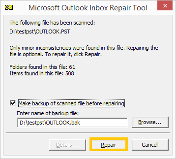 Make a backup of Outlook PST