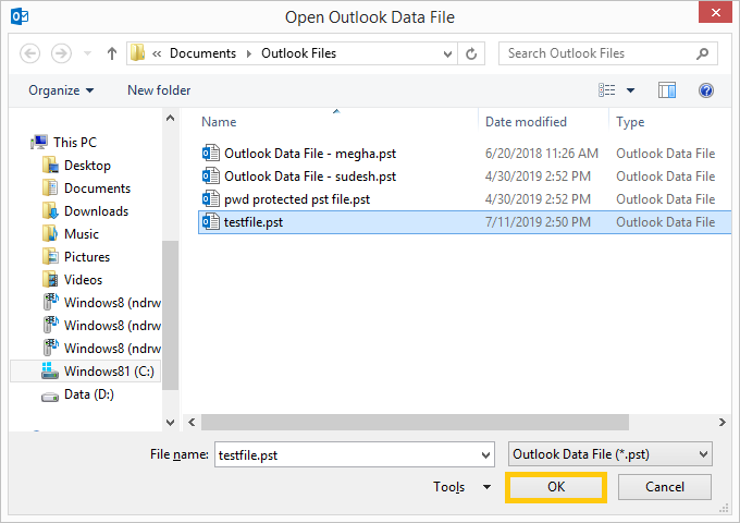 Choose the Outlook PST file