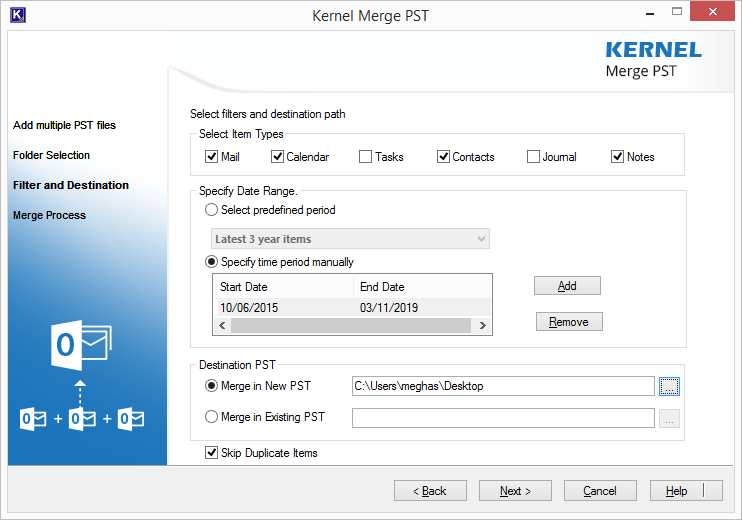 Provide a path to save PST file