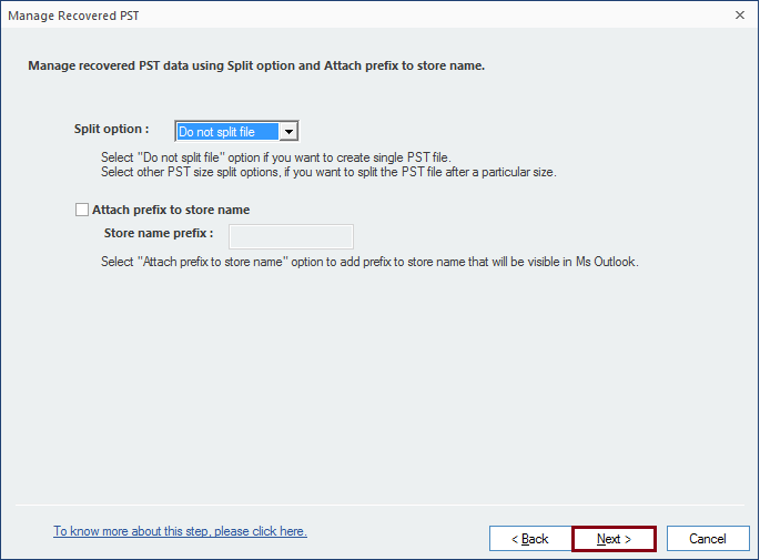 Select the desired size for the splitting process