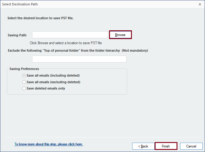 Browse to provide a destination path