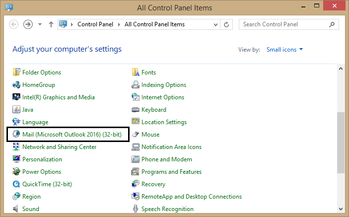 Select Mail option in Control Panel