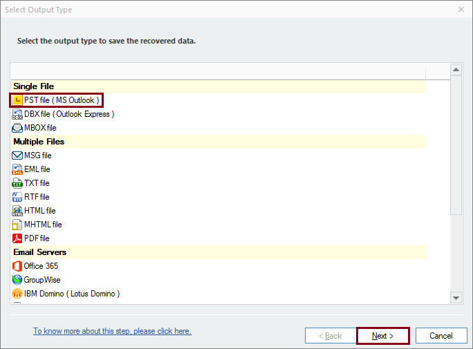 Select PST file as an output