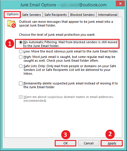 click on Apply ></img> OK” class=”wp-image-5509″></figure>
</ol>
<strong>Note:</strong> It is also possible to permanently delete suspected junk emails instead of moving them to the junk folder by checking the <strong>Permanently delete suspected junk email instead of moving it to the junk Email folder</strong> option.
<!-- /wp:html -->

<!-- wp:html -->
<h4>Method #2 Mark Spam Mail as Not Junk/Spam</h4>
If you believe that a mail is accidentally marked as Spam then you can specify the sender as not spam, then follow the steps outlined below:
<ol>
 	<li>Go to the Junk folder.</li>
 	<li>Select the mail/ sender that you want to mark as not spam.</li>
 	<li>Under the <strong>Home</strong> tab, click on <strong>Junk</strong>.</li>
 	<li>From the drop-down menu, select <strong>Not Junk</strong>.</li>
<figure class=