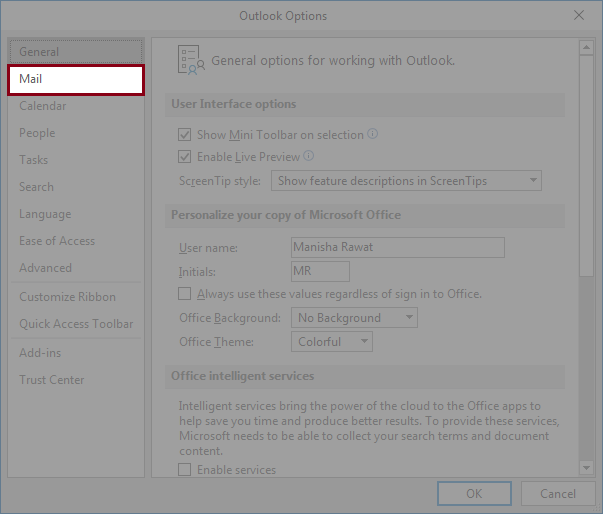 Select Mail in the Outlook Options dialogue box