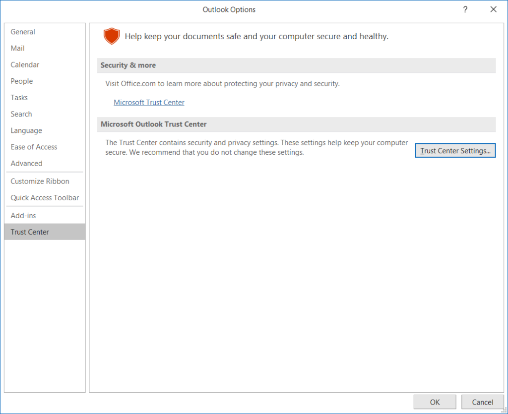 click Trust Center Settings.