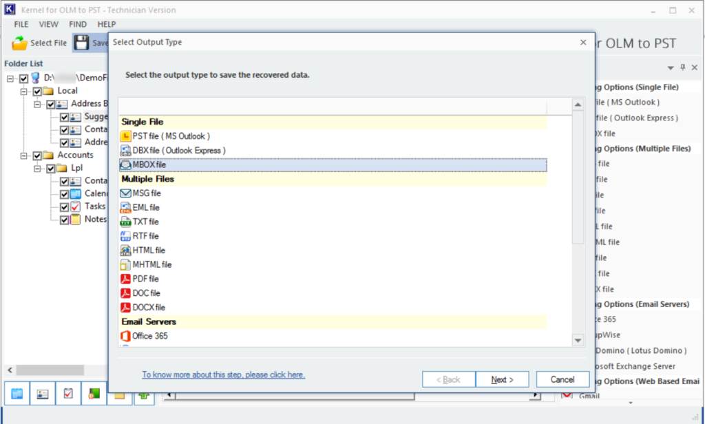 select the MBOX file as formats