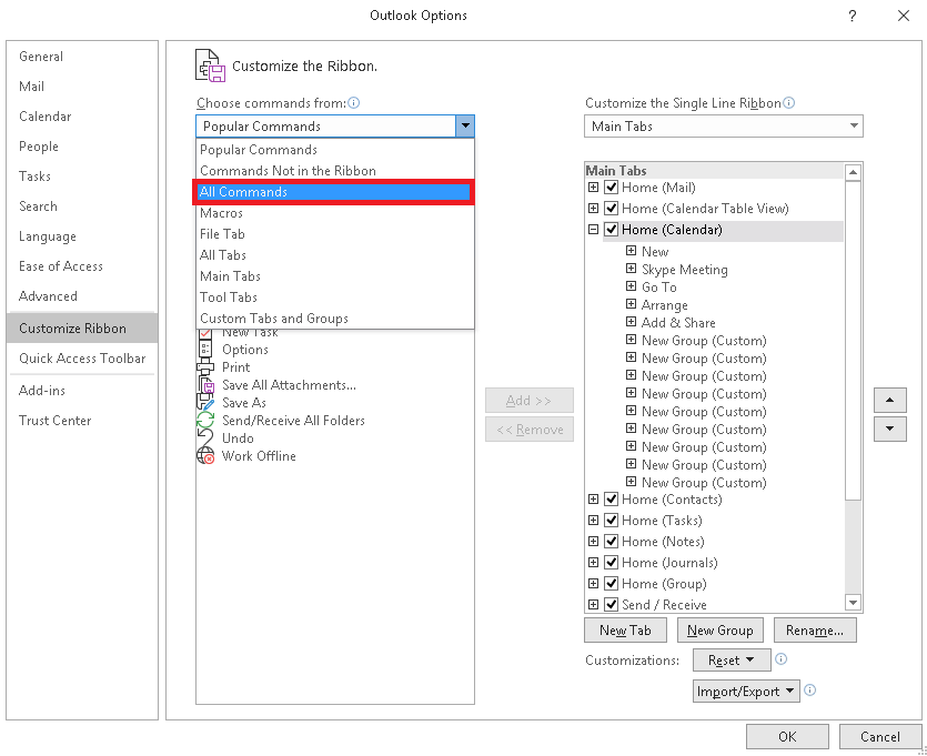 move to the Choose commands section on the right panel