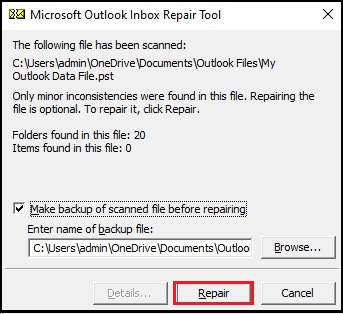 Click on Repair option to fix the corrupted file