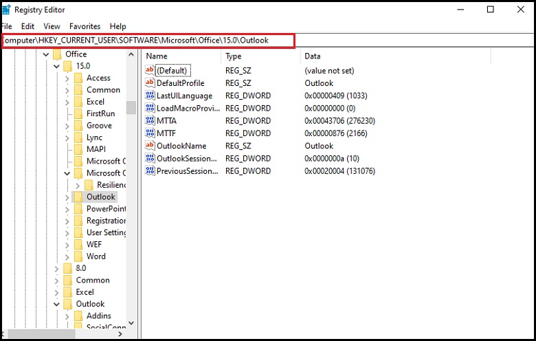 For Outlook 2013, type the profile key