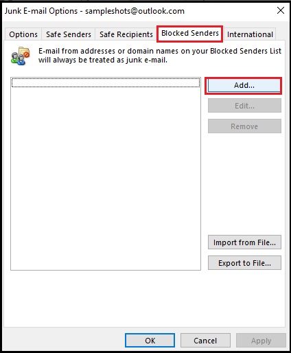 Under the Blocked Senders tab