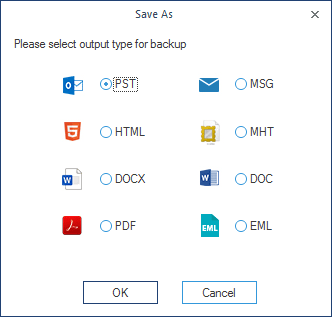 Selection of output type for the backup