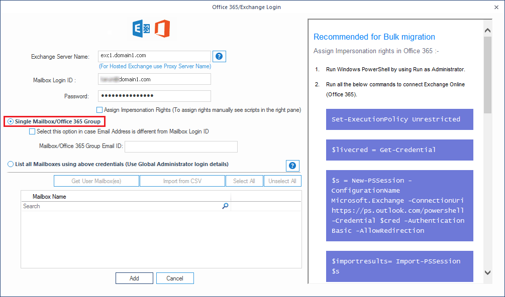 Add Exchange Server (hosted) as destination