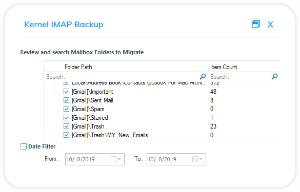Apply filters to IMAP mailboxes for selective backup