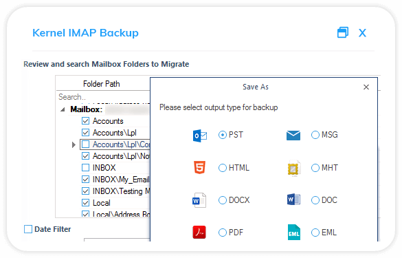 Export the IMAP emails to the desired file