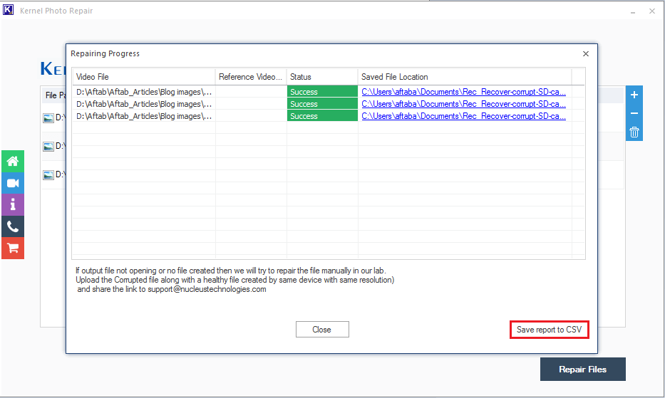 Repairing process in progress with the live report.