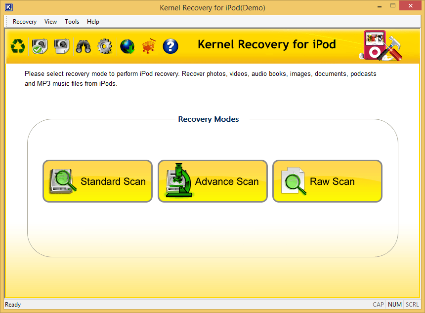 Different scanning modes in the iPod recovery tool