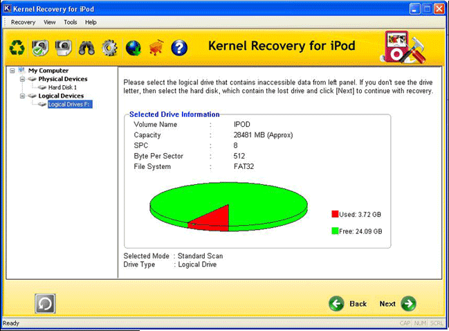 The iPod logical drives displayed in the iPod recovery tool