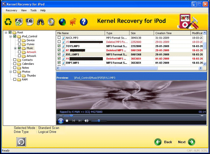 MP3/MP4 files shown for preview and play in the iPod recovery tool