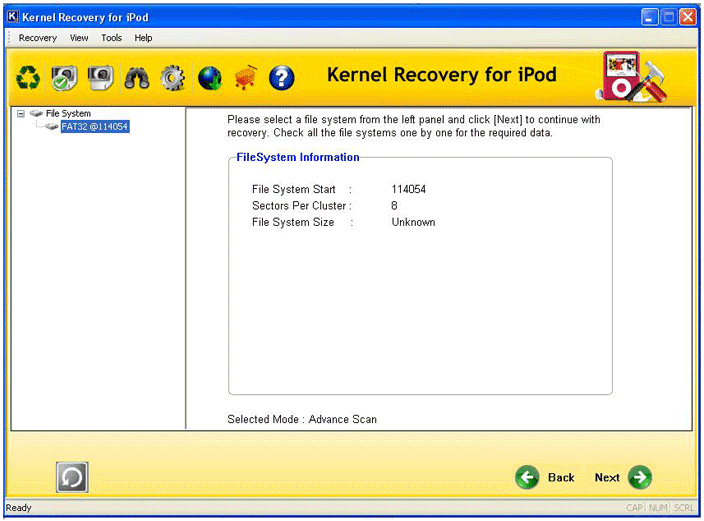 Recovery of iPod music files with the Advanced scanning mode