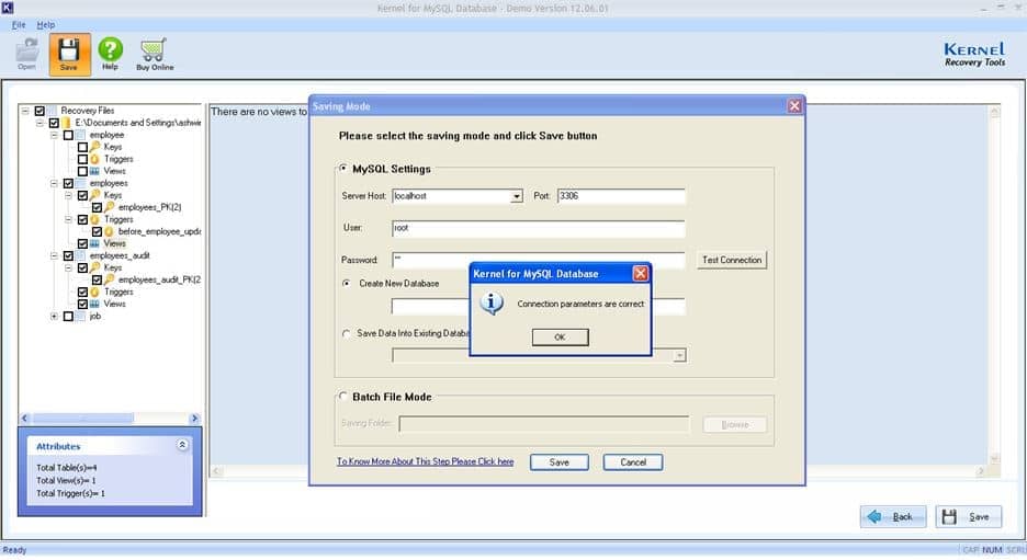 Select saving mode as MySQL Settings and Test Connection before saving to Live MySQL Database Server