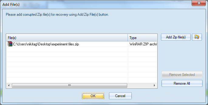 The damaged zip file is added to begin the recovery process