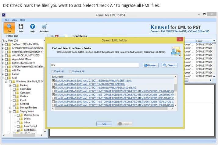 Check-mark the files you want to add select 'Check All' to migrate all EML files