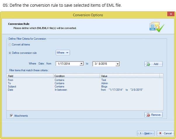 Define the conversion rule to save selected items of EML file
