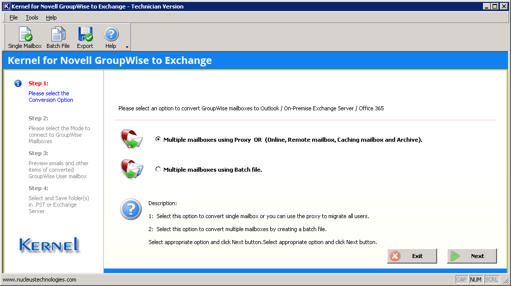 Welcome screen of Kernel for Novell GroupWise to Exchange