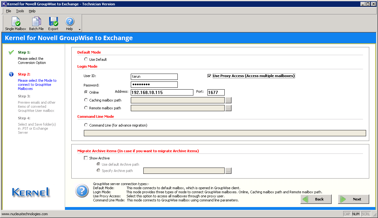 Starting the Novell GroupWise to Exchange migration