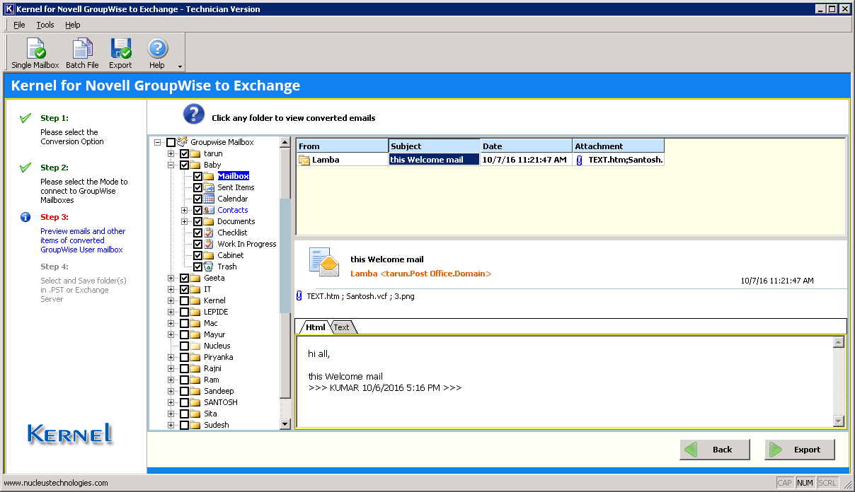 Preview of mailboxes in Kernel for Novell GroupWise to Exchange.