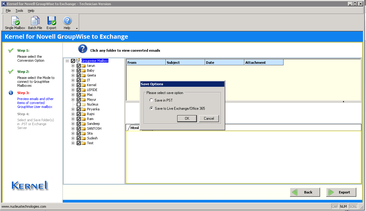 Saving options in Kernel for Novell GroupWise to Exchange