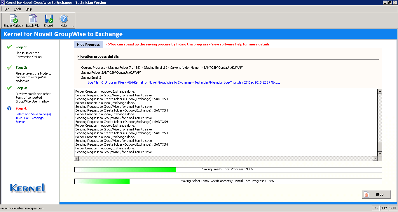 Migration in progress in Kernel for Novell GroupWise to Exchange