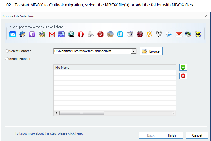 To start MBOX to Outlook migration, select the MBOX file(s) or add the folder with MBOX files